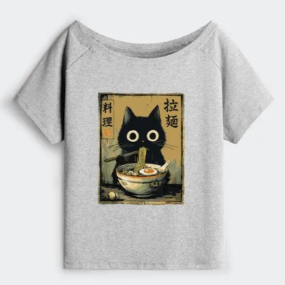 Tokyo-Tiger Cute Black Cat Eating Ramen Japan Off Shoulder T-Shirt