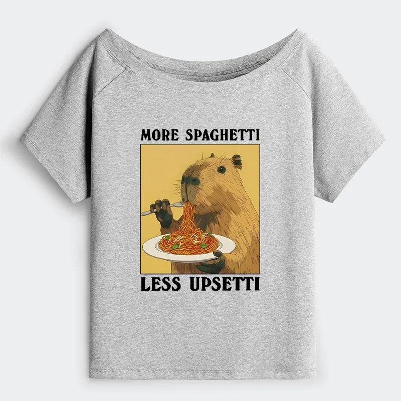 Tokyo-Tiger Capybara Eating Pasta Off Shoulder T-Shirt