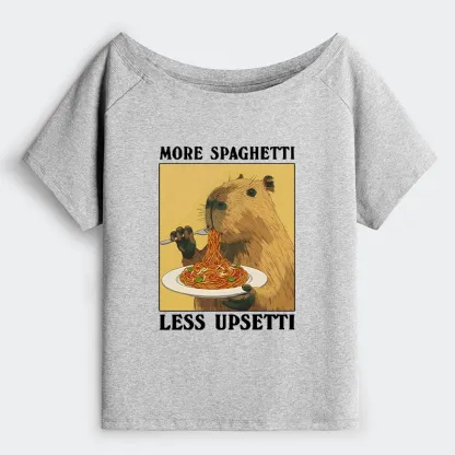 Tokyo-Tiger Capybara Eating Pasta Off Shoulder T-Shirt