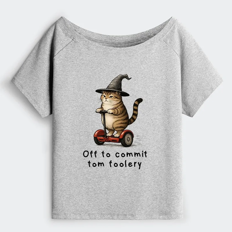 Tokyo-Tiger Orange Cat Riding Segway-style Off Shoulder T-Shirt