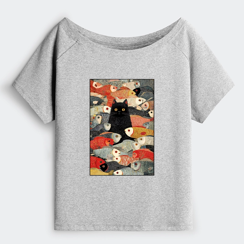 Tokyo-Tiger Cats And Fish Off Shoulder T-Shirt