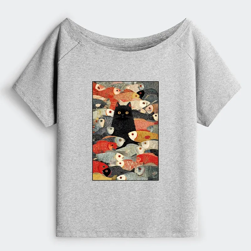 Tokyo-Tiger Cats And Fish Off Shoulder T-Shirt