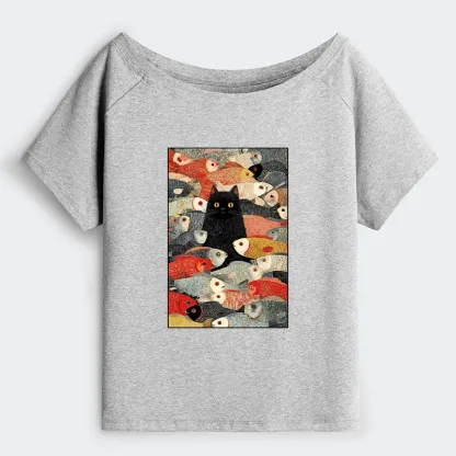 Tokyo-Tiger Cats And Fish Off Shoulder T-Shirt