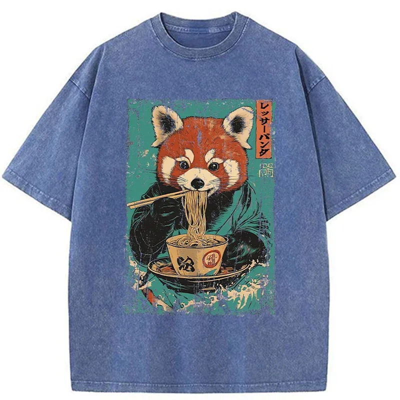 Tokyo-Tiger Raccoon Eating Ramen Washed T-Shirt