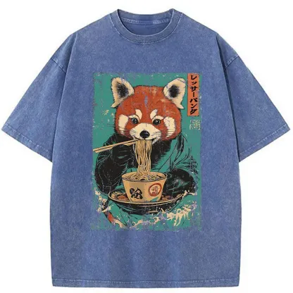 Tokyo-Tiger Raccoon Eating Ramen Washed T-Shirt