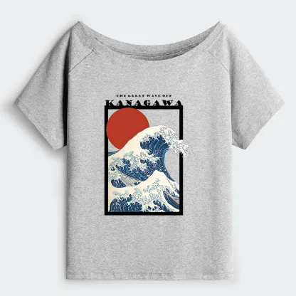Tokyo-Tiger Minimalist Ukiyo-e Waves Off Shoulder T-Shirt