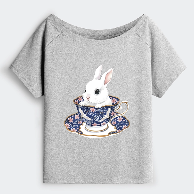 Tokyo-Tiger Cute Rabbit Tea Set Off Shoulder T-Shirt