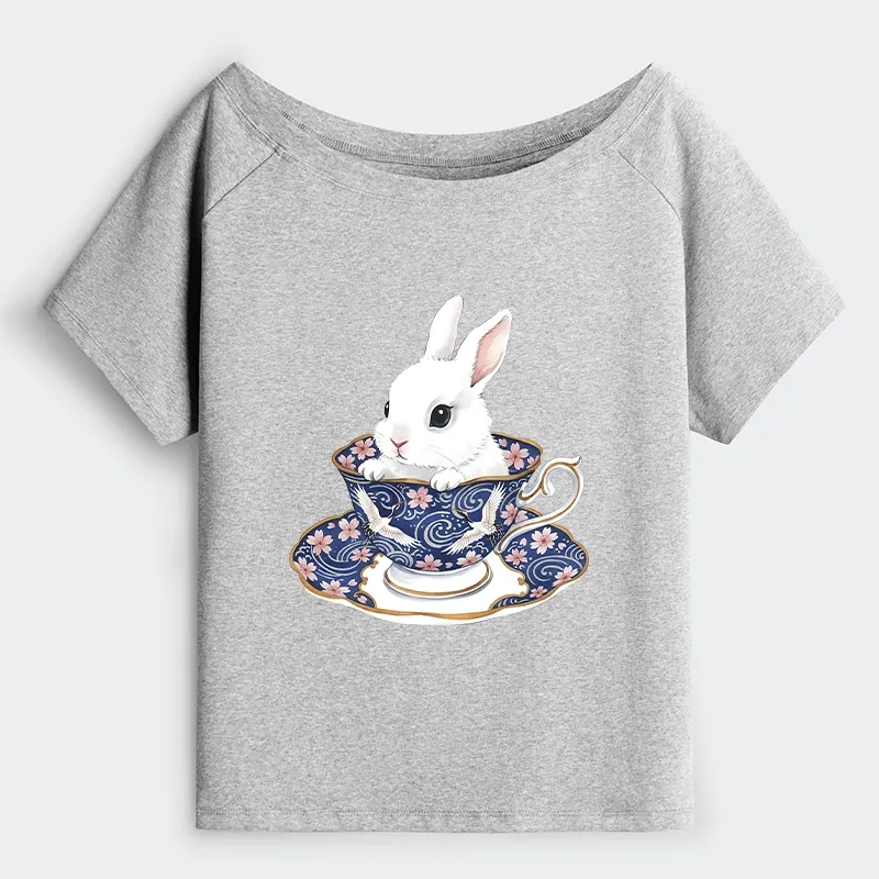 Tokyo-Tiger Cute Rabbit Tea Set Off Shoulder T-Shirt