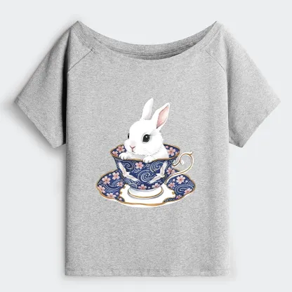 Tokyo-Tiger Cute Rabbit Tea Set Off Shoulder T-Shirt
