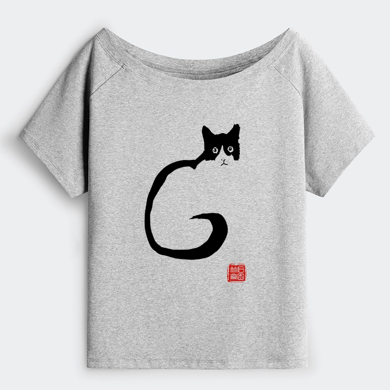 Tokyo-Tiger Calm Cat In Simple Lines Off Shoulder T-Shirt