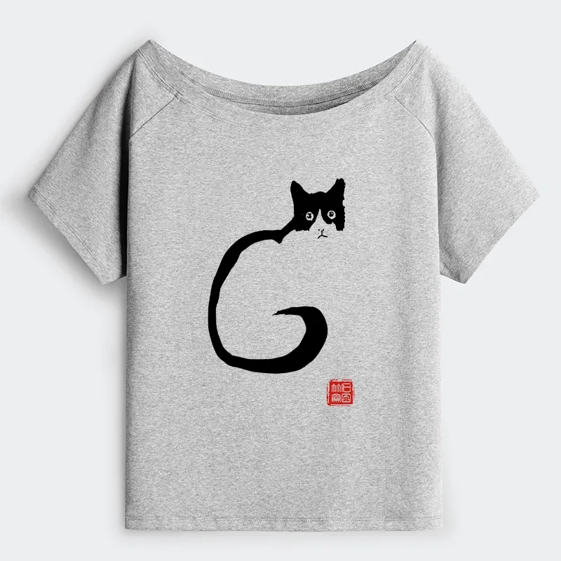 Tokyo-Tiger Calm Cat In Simple Lines Off Shoulder T-Shirt