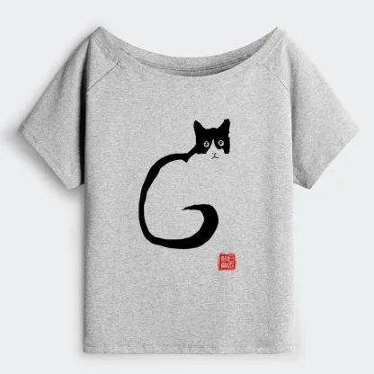 Tokyo-Tiger Calm Cat In Simple Lines Off Shoulder T-Shirt