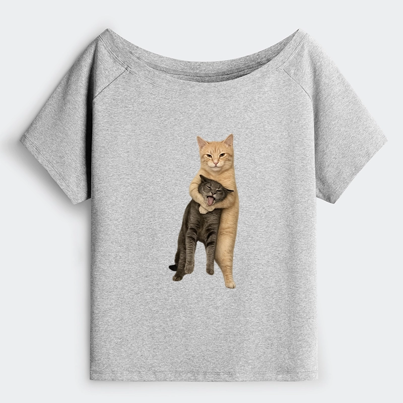 Tokyo-Tiger Orange Cat’s Tight Embrace Off Shoulder T-Shirt