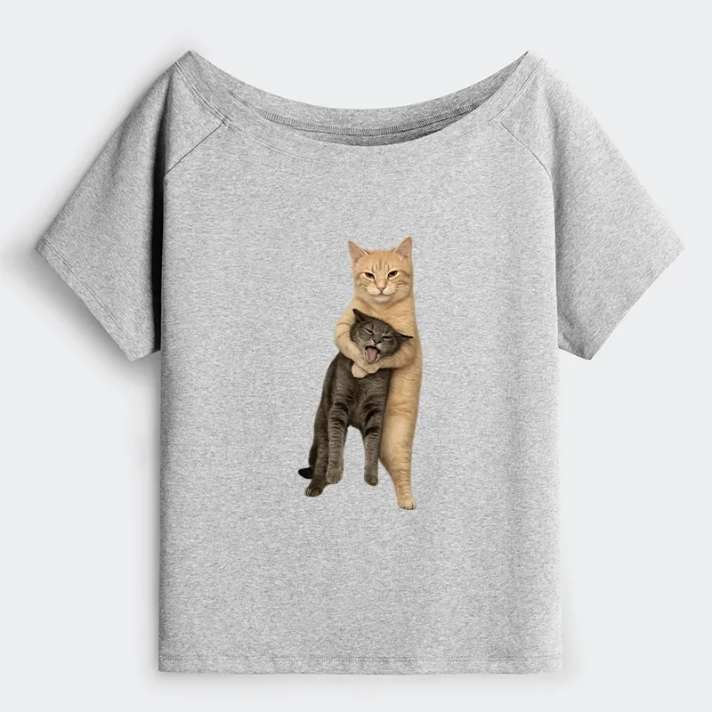 Tokyo-Tiger Orange Cat’s Tight Embrace Off Shoulder T-Shirt