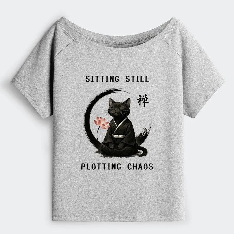 Tokyo-Tiger Sitting still plotting chaos Calming Zen Cat Funny Off Shoulder T-Shirt Sale
