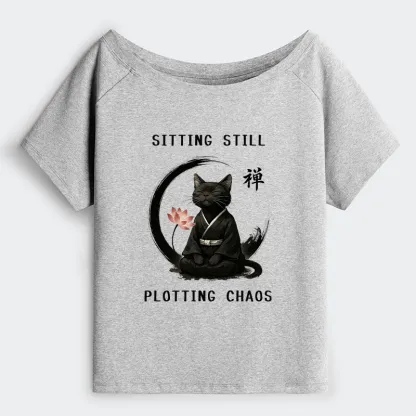 Tokyo-Tiger Sitting still  plotting chaos Calming Zen Cat Funny Off Shoulder T-Shirt