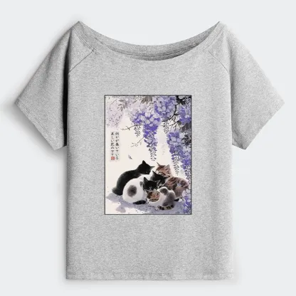 Tokyo-Tiger Cats plotting under the wisteria Off Shoulder T-Shirt