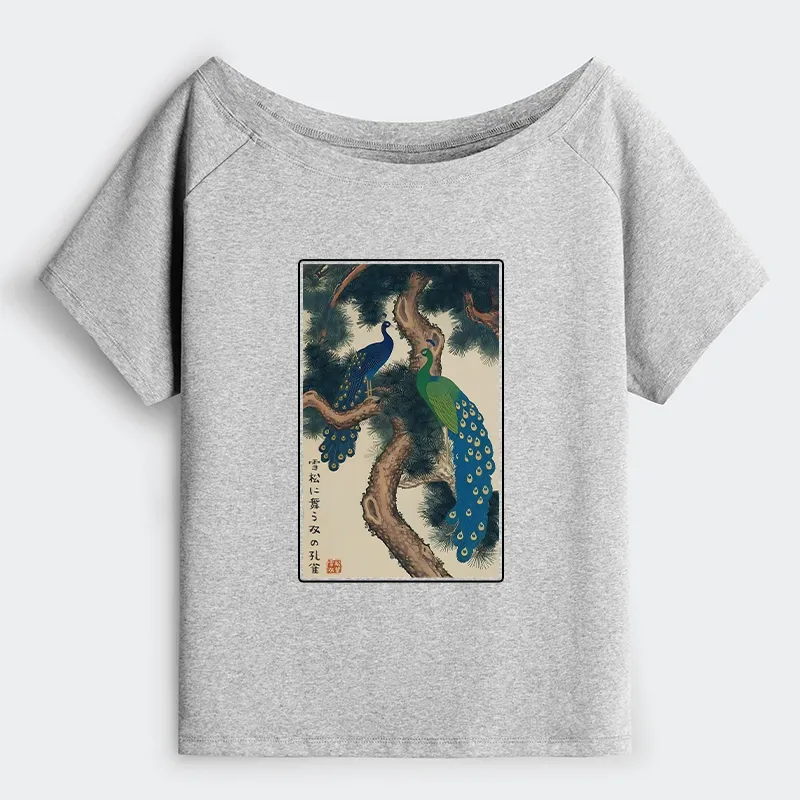 Tokyo-Tiger Peacocks in Snowy Pines Off Shoulder T-Shirt