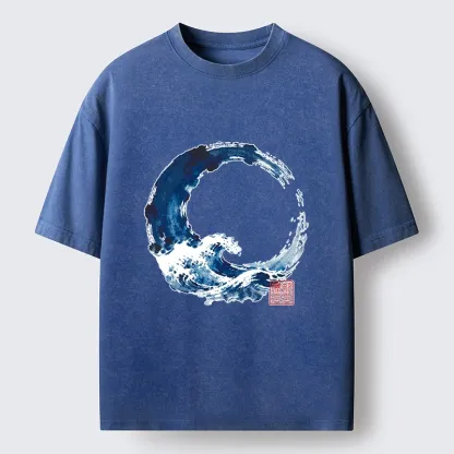 Tokyo-Tiger Zen Circle Blue Wave Art Washed T-Shirt