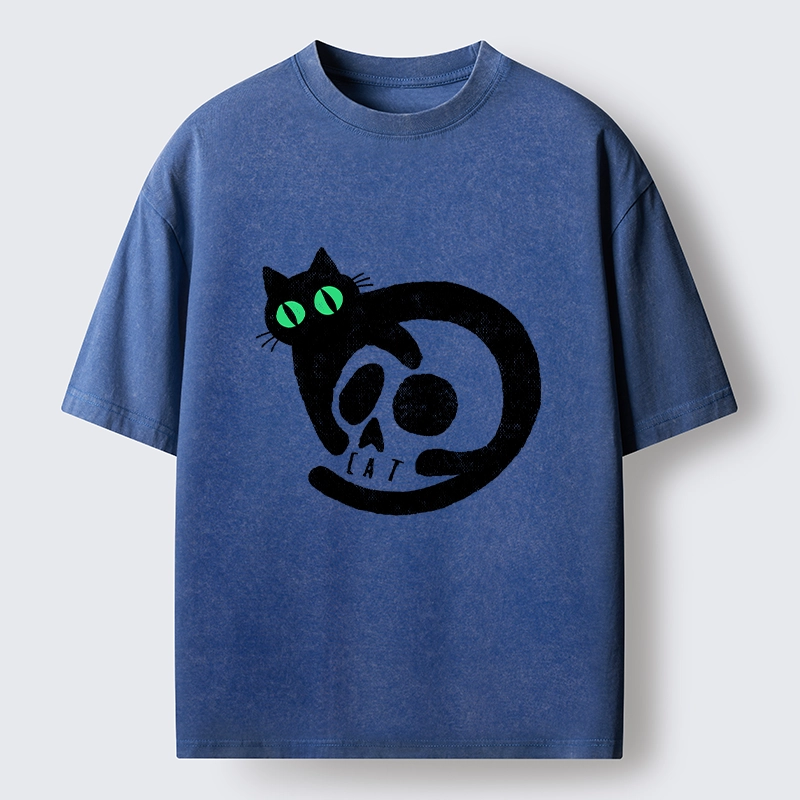 Tokyo-Tiger Spooky Black Cat Skull Meme Washed T-Shirt