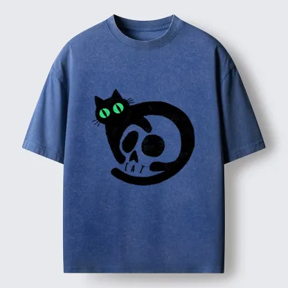 Tokyo-Tiger Spooky Black Cat Skull Meme Washed T-Shirt