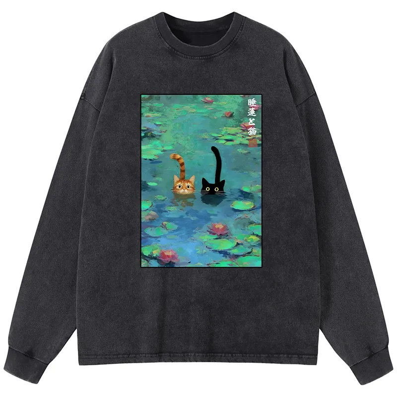 Tokyo-Tiger Funny Cats Swimming In Lilies Washed Long Sleeve T-Shirt