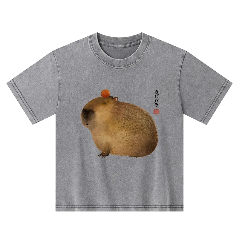 Tokyo-Tiger Calm Capybara Illustrations Kids Washed T-Shirt