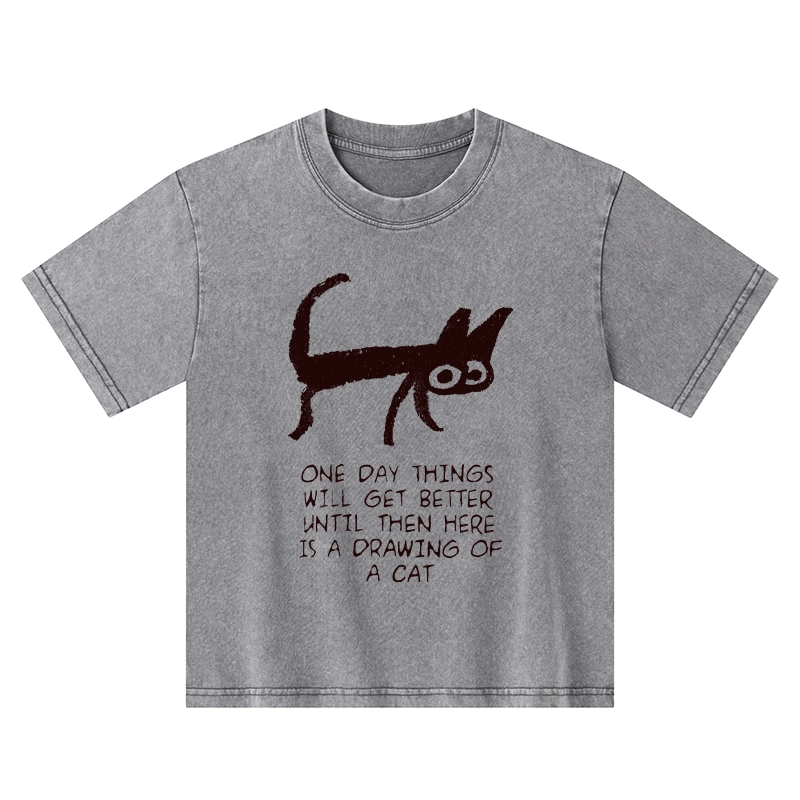 Tokyo-Tiger Cat Cheer Up Drawing Kids Washed T-Shirt