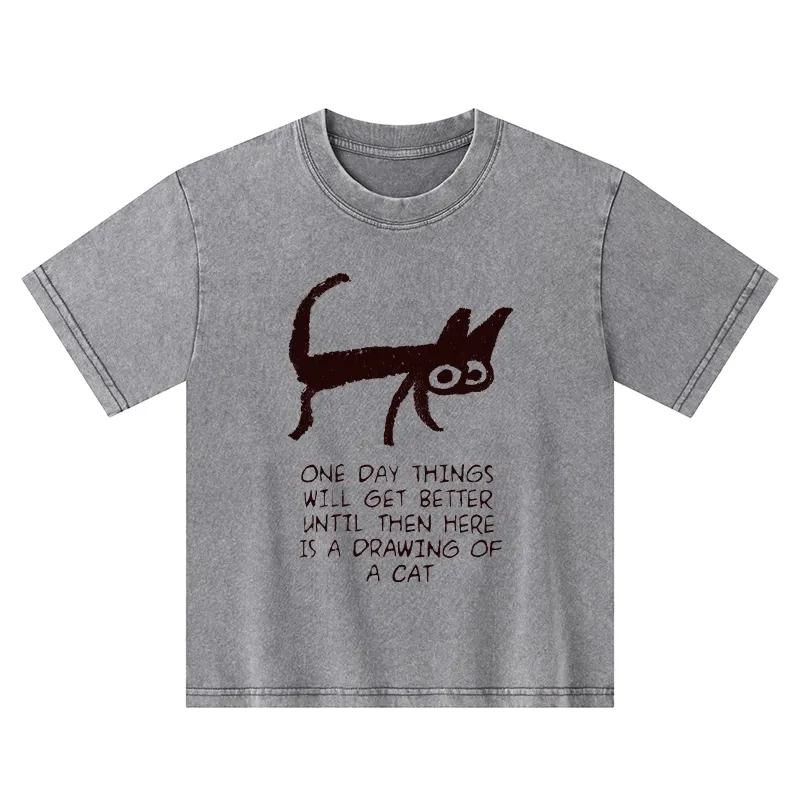 Tokyo-Tiger Cat Cheer Up Drawing Kids Washed T-Shirt