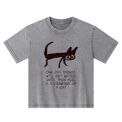 Tokyo-Tiger Cat Cheer Up Drawing Kids Washed T-Shirt