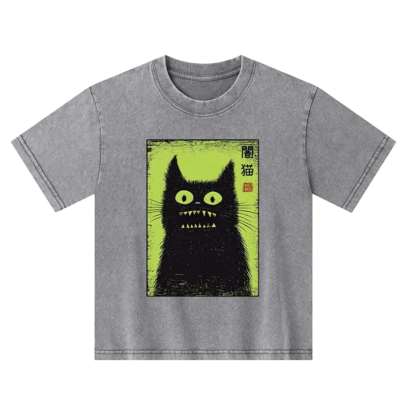 Tokyo-Tiger Spooky Black Cat Japanese Kids Washed T-Shirt