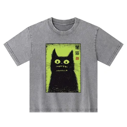 Tokyo-Tiger Spooky Black Cat Japanese Kids Washed T-Shirt