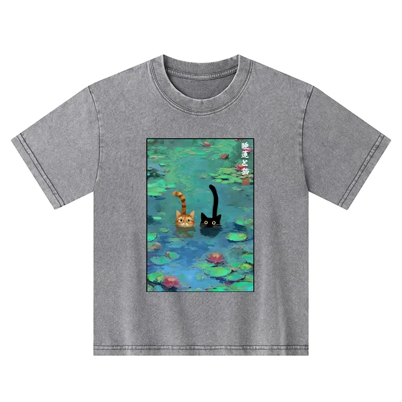Tokyo-Tiger Funny Cats Swimming In Lilies Kids Washed T-Shirt