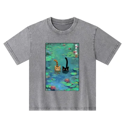 Tokyo-Tiger Funny Cats Swimming In Lilies Kids Washed T-Shirt