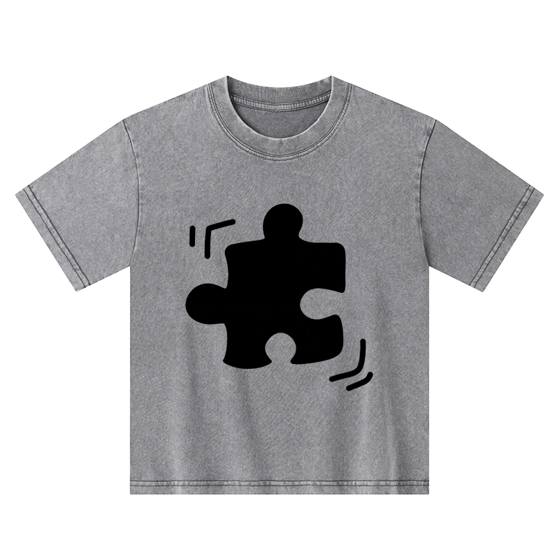 Tokyo-Tiger Black Puzzle Piece Kids Washed T-Shirt