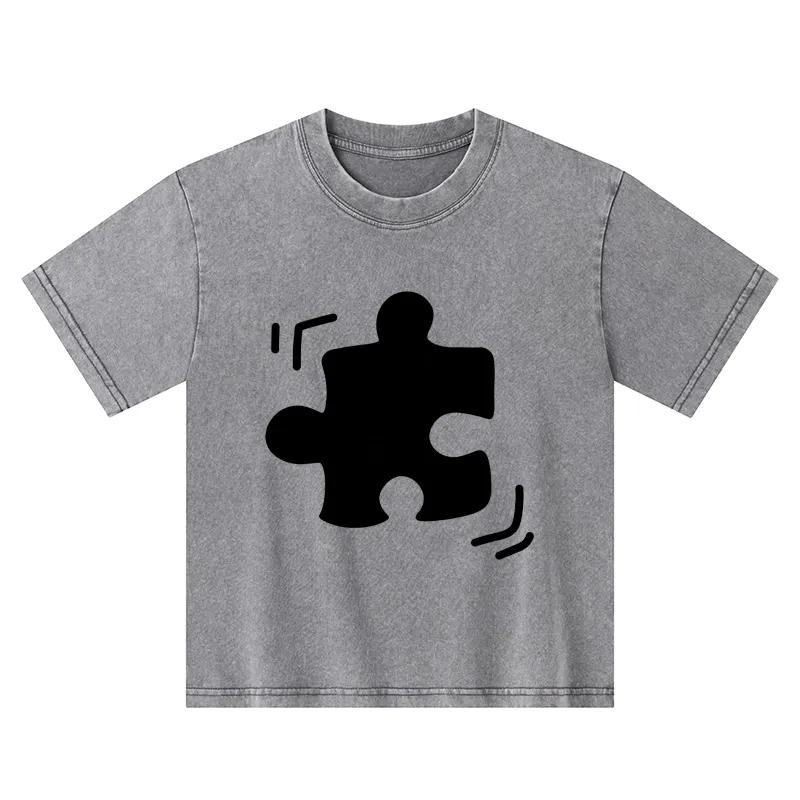 Tokyo-Tiger Black Puzzle Piece Kids Washed T-Shirt