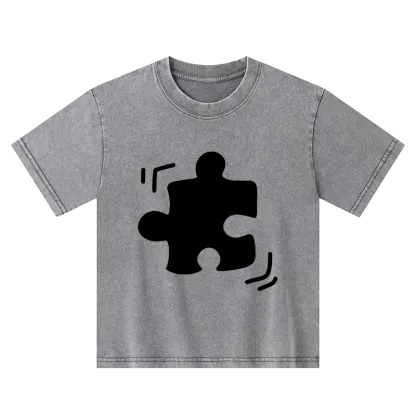 Tokyo-Tiger Black Puzzle Piece Kids Washed T-Shirt