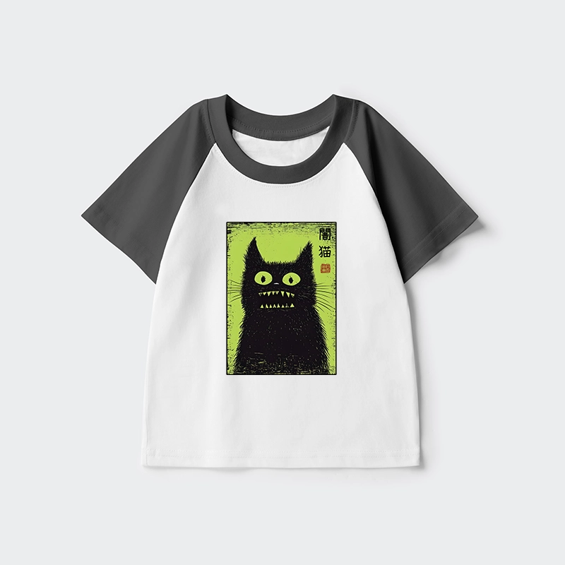 Tokyo-Tiger Spooky Black Cat Japanese Kids Raglan T-shirt