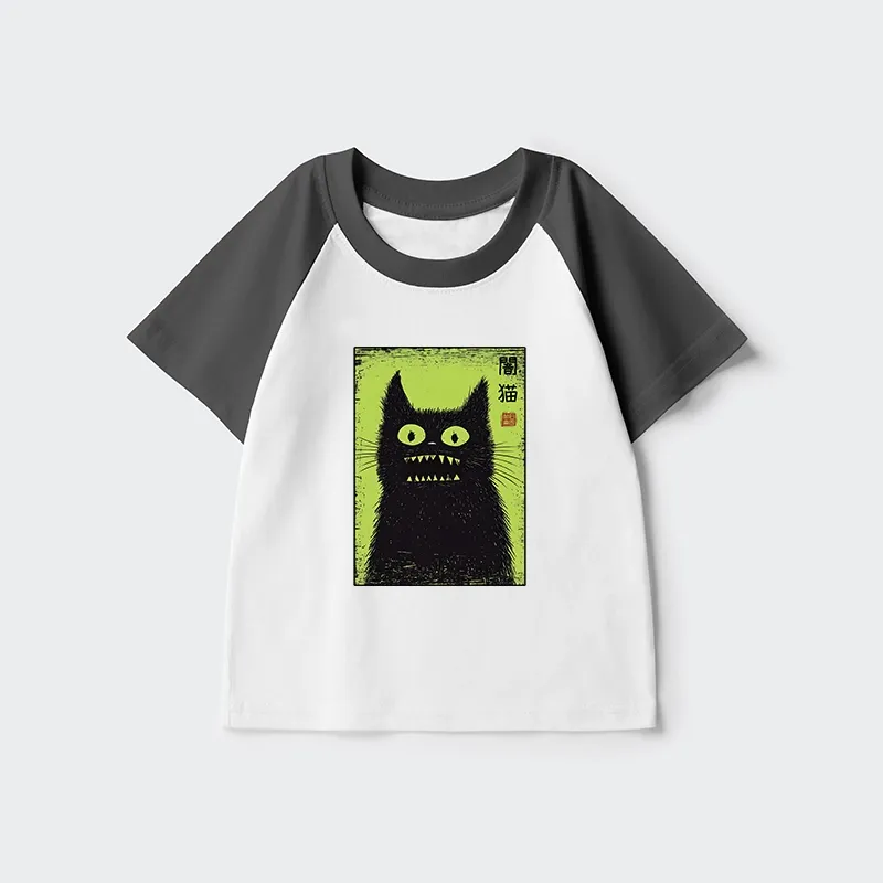 Tokyo-Tiger Spooky Black Cat Japanese Kids Raglan T-shirt