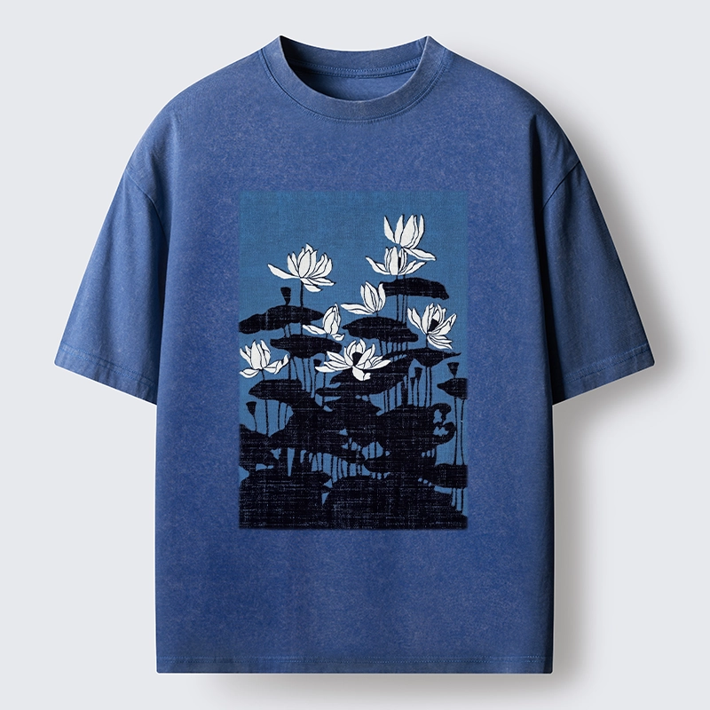 Tokyo-Tiger Blue Lotus Japanese Art Washed T-Shirt