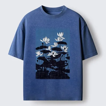 Tokyo-Tiger Blue Lotus Japanese Art Washed T-Shirt