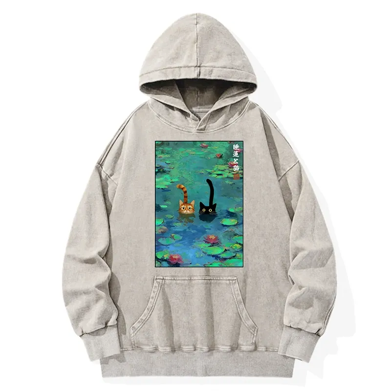 Tokyo-Tiger Funny Cats Swimming In Lilies Washed Hoodie Sale