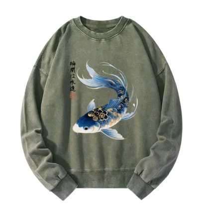 Tokyo-Tiger Elegant Koi Fish Watercolor Art Washed Sweatshirt