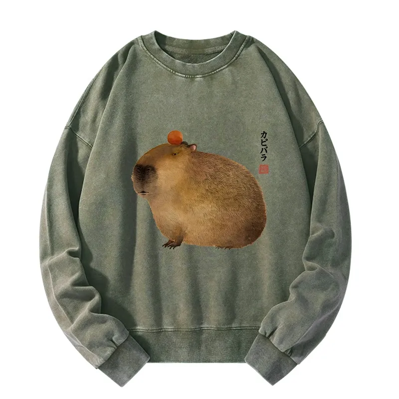 Tokyo-Tiger Calm Capybara Illustration Washed Sweatshirt
