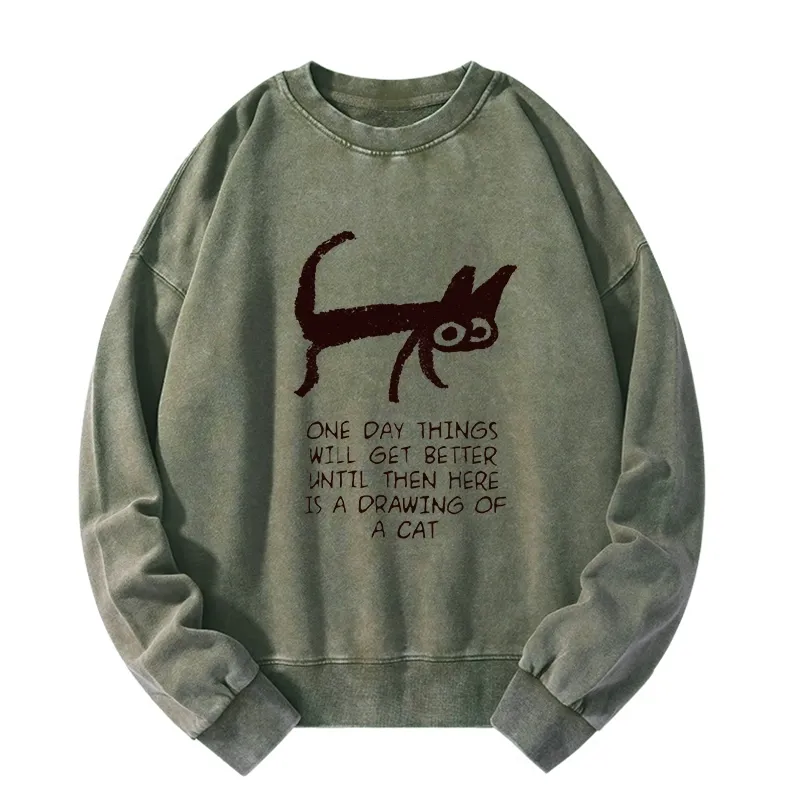 Tokyo-Tiger Cat Cheer Up Drawing Washed Sweatshirt