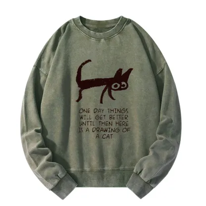 Tokyo-Tiger Cat Cheer Up Drawing Washed Sweatshirt
