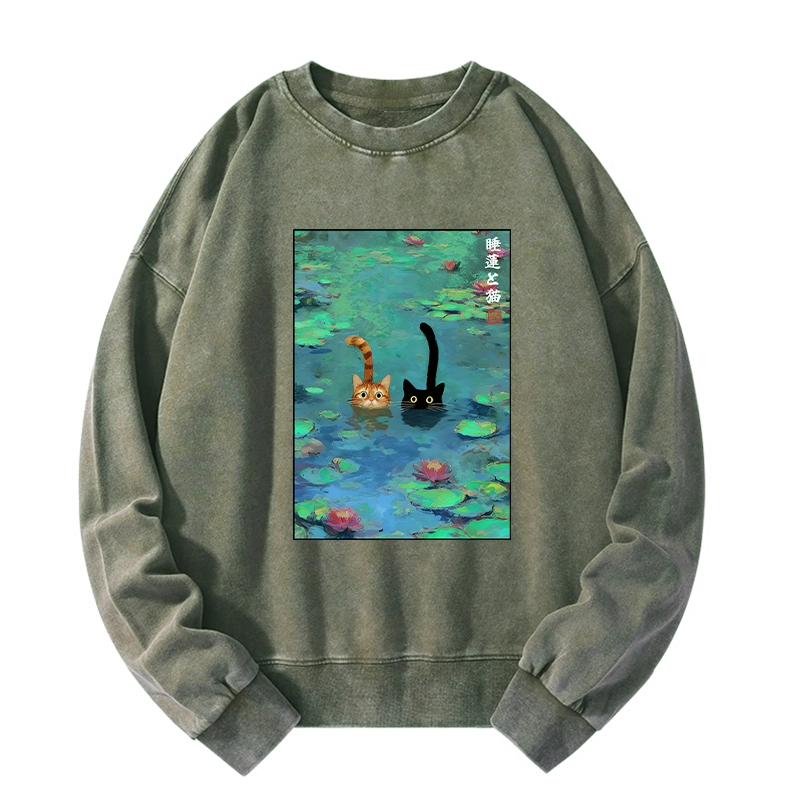 Tokyo-Tiger Funny Cats Swimming In Lilies Washed Sweatshirt