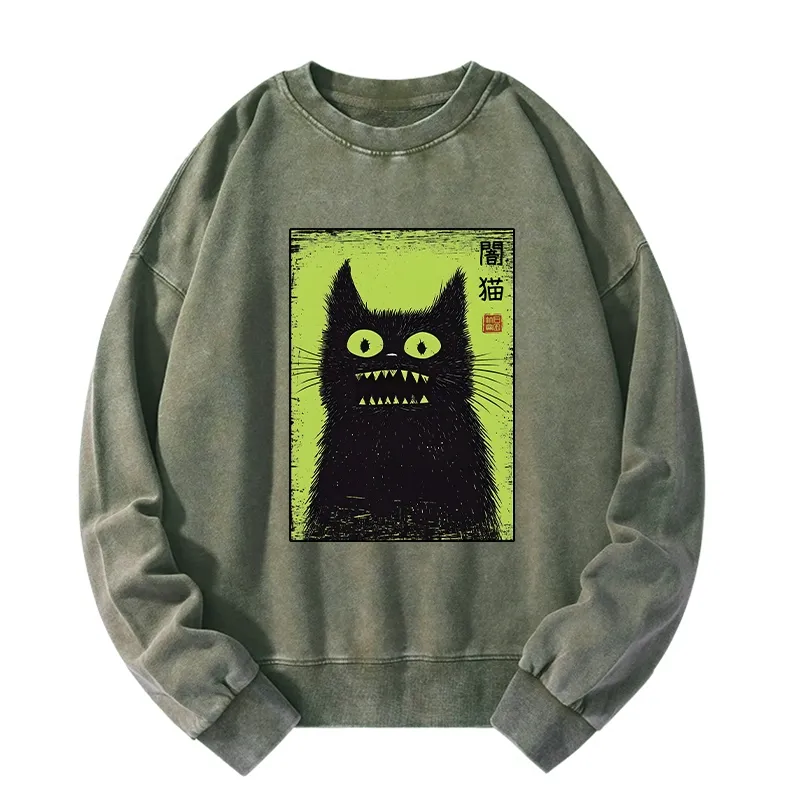Tokyo-Tiger Spooky Black Cat Japanese Washed Sweatshirt