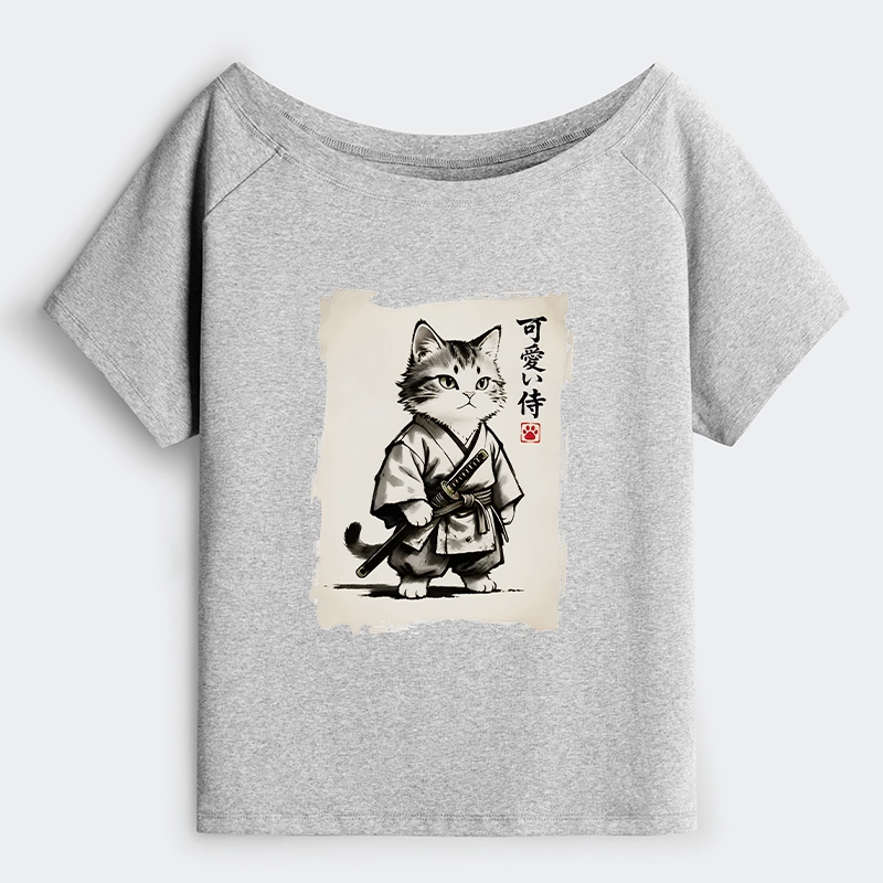 Tokyo-Tiger Japanese Samurai Cat Illustration Off Shoulder T-Shirt