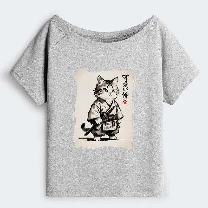 Tokyo-Tiger Japanese Samurai Cat Illustration Off Shoulder T-Shirt